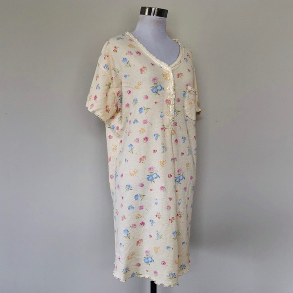 Night Shirt Yellow Floral Large Pullover Short Sleeves V Neck - Picture 1 of 7